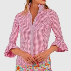 Gretchen Scott Designs Pink Checkered Ruffle priss Blouse New